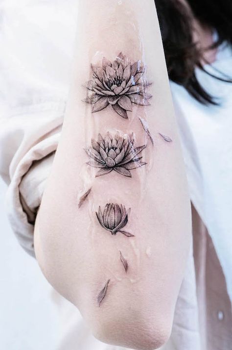 96 Birth Flower Tattoos For Each Month - Our Mindful Life Water Lily Shoulder Tattoos For Women, July Flower Tattoos, Water Lily Forearm Tattoo, Water Lily Hand Tattoo, Waterlilly Tattoo Arm, Water Lilly Flower Tattoo, Water Lilly Tattoo Stencils, Waterlily Flower Tattoo, Rose And Water Lily Tattoo