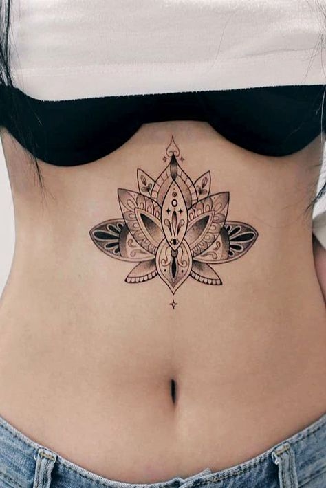 Belly Lotus Tattoo Ideas Picture 3 Stomach Tattoo Woman, Flower Tattoo Stomach, Sternum Tattoo Lotus, Tattoo Espalda Mujer, Lotus Tattoo Ideas, Women Sternum Tattoo, Lotus Flower Tattoo Ideas, Tattoo On Stomach, Tattoo Stomach