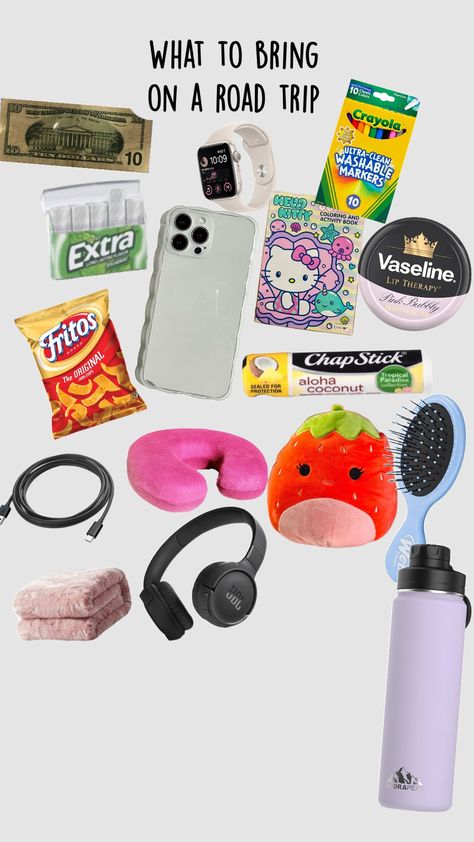 what to bring on a road trip! in the car edition! there is many other things you can bring but these are just a few! #roadtrip #longcarrides #packwithme #fun Car Travel Accessories For Long Trips, What To Take On A Road Trip, Things To Bring On A Road Trip, Things To Do On A Road Trip In The Car, Aesthetic Totes, Trip Necessities, Road Trip Necessities, Trip Essentials Packing Lists, Road Trip Bag