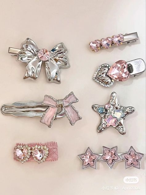 Y2k Hair Accessories, Kawaii Hair Clips, Pink Hair Clips, Beaded Hair Clips, Y2k Accessories, Chinese Hair Accessories, Hair Accessories Collection, Hair Accessories Clips, Jewelry Accessories Ideas