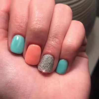 Summer Nails Teal, Teal Dip Powder Nails, Early Spring Nails Dip, Turquoise Dip Powder Nails, Dark Teal Dip Powder Nails, Orange Nail Dip Powder, Neon Orange Dip Powder Nails, Coral And Teal Nails, Teal Nail Ideas