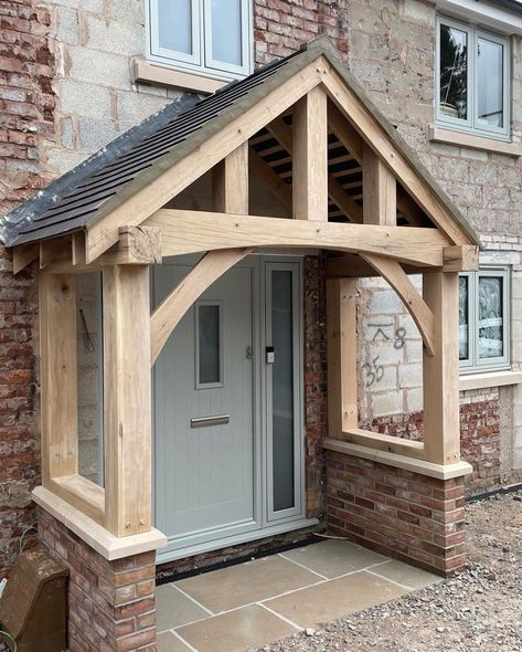 Looking for a stylish new porch in solid oak? We can supply in kit form for you to fit, or we can supply and fit, including any required brickwork etc. Just drop us a message and we’ll be happy to provide you with a bespoke quotation. #oakporch Hallway Window Decor, Oak Porch Lighting, Oak Porch Bungalow, Oak Beam Porch, Oak Porches Timber Frames, Oak Door Canopy, New Build Porch Ideas, Oak Front Porch, Front Door Shelter