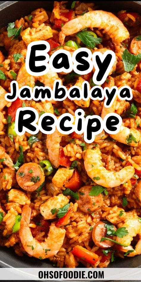 Text reads Easy Jambalaya Recipe Stovetop Jambalaya, Jambalaya Rice Recipe, Authentic Jambalaya Recipe, Jumbolia Recipes, Recipe For Jambalaya, Shrimp Jambalaya Recipe, Creole Jambalaya Recipe, Jambalaya Recipes, Shrimp And Sausage Jambalaya