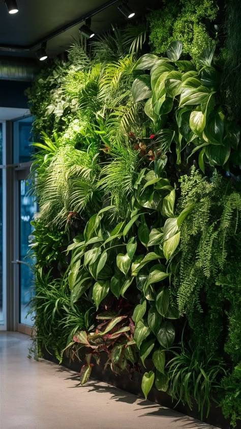 Green Spaces Indoor, Living Green Wall Indoor, Office Wall Plants, Green Walls Plants, Live Plant Wall Indoors, Vertical Green Wall Indoor, Green Wall Plants Indoor, Living Wall Ideas Indoor, Jungle Aesthetic Room