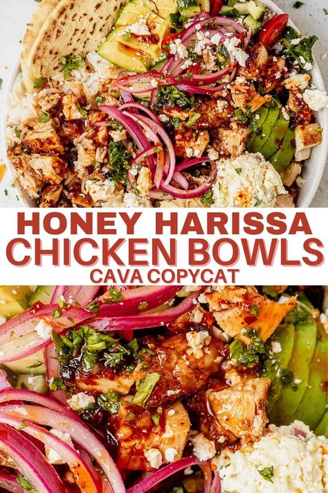 Learn how to make CAVA's popular honey harissa chicken recipe right at home. Plus, get ideas for recipe variations and tips for meal prepping ahead of time. This homemade CAVA bowl features tender chicken marinated in a delicious honey harissa sauce and tossed with Mediterranean-style toppings. It's all placed over a bed of basmati rice and lettuce, drizzled with a hot harissa vinaigrette, and served with a warm pita. Hot Honey Chicken Plate Crowded Kitchen, Homemade Cava Bowl, Honey Harrisa Chicken Recipe, Instant Pot Harissa Chicken, Cava Harrisa Chicken, Copycat Cava Harissa Chicken, Cava Bowl Recipe Harissa, Harissa Avocado Bowl Cava, Cous Cous Chicken Bowl