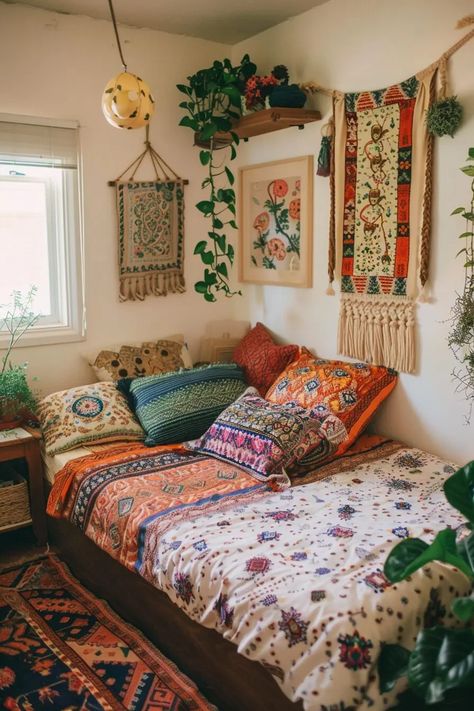 Boho Small Bedroom, Small Boho Bedroom, Living Room Without Sofa, Eclectic Bedrooms, Colorful Bedroom Decor, Retro Bedroom, Hippie Bedroom, Colourful Living Room Decor, Bedroom Decor Cozy