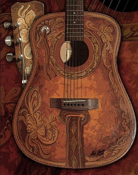 Leather Guitar Western Guitar, Guitar Pyrography, Custom Acoustic Guitar Design, Wooden Guitar Aesthetic, Custom Classical Guitar, Guitar Artwork, Custom Acoustic Guitars, Acoustic Guitar Photography, Guitar Posters