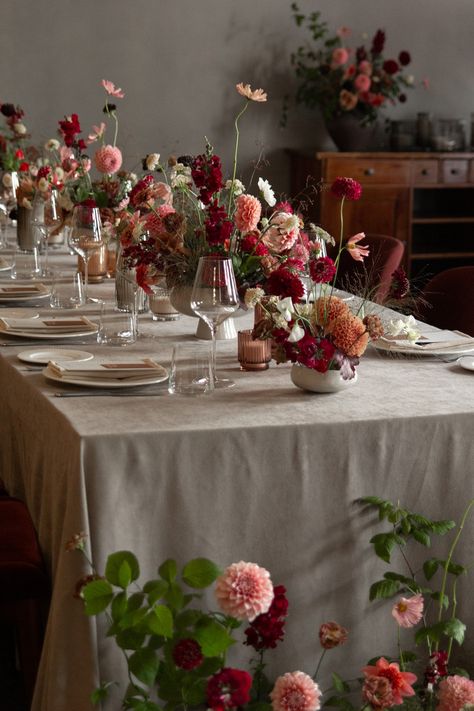 Deep Red And Green Wedding, Pink Fall Tablescapes, Patterned Wedding Table Linens, Maximalist Table Setting, Dark Wedding Florals, Ikebana Tablescape, Pomegranate Wedding Decor, Sage Table Setting, Long Table Floral Arrangements