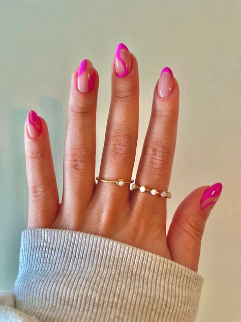 Hot Pink Minimalist Nails, Hot Pink Acrylic Almond Nails, Hot Pink Oval Nails Designs, Pink Prom Nails Almond, Pink French Tip Nails Oval, Pink Barbie Nails Short, Pink Prom Nails Short, Magenta Prom Nails, Hot Pink Swirl Nails