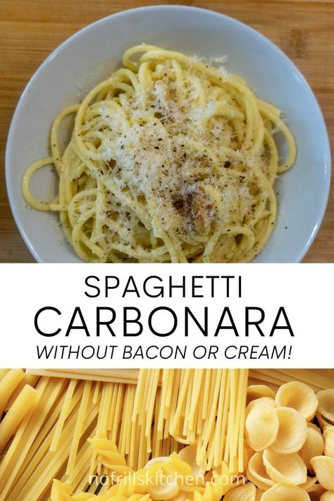 Looking for the perfect carbonara recipe but don't want any pork or cream? Look no further! This recipe checks all of the boxes and is also a breeze to throw together! Traditional Carbonara Recipe, Carbonara Ingredients, Easy Carbonara Recipe, Bacon Carbonara, Delicious Spaghetti, Pasta Carbonara Recipe, Carbonara Sauce, Meat Products, No Meat