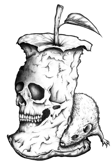 Rotten apple - illustration Rotting Fruit Drawing, Skull Apple, Apple Core Drawing, Evil Apple Tattoo, Rotten Fruit Drawing, Rotten Apple Tattoo, Rotten Apple, Apple Black And White Drawing, Rotten Apple Drawing