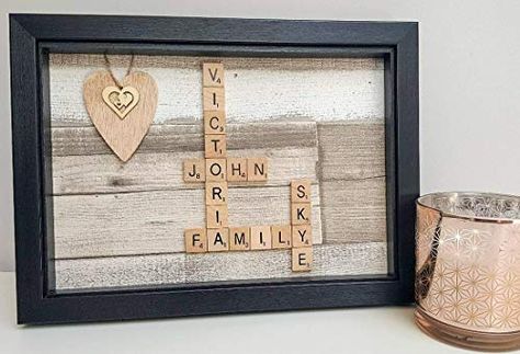 Personalised Scrabble Frame - A4 size box frame - Choice of colours: Amazon.co.uk: Handmade Scrabble Family Names, Scrabble Letter Crafts, Scrabble Christmas, Scrabble Ornaments, Scrabble Tile Crafts, Scrabble Crafts, Family Tree Wall Art, Family Frame, Scrabble Wall Art