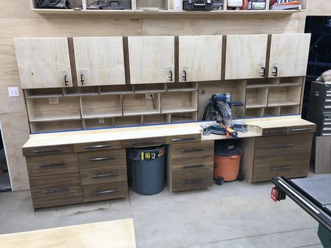 How to build the Extreme Miter Station,    This is an easy to build fully modular system! I show you how to build base cabinets, which can be done in 2' or 3' widths. And upper cabinets in 2' or 3' sections. So this project is scalable to any size! Mine is 13' wide, but you could easily build it anywhere from 3' - 20' wide or more. Simply by adding or subtracting components.  You also can just as easily make the base with drawers as I did or with shelving & cabinet doors, like I did the uppers. Miter Station, Shelving Cabinet, Mitre Saw Station, Work Benches, Woodworking Shop Plans, Woodworking For Kids, Woodworking Patterns, Woodworking Table, Shop Layout