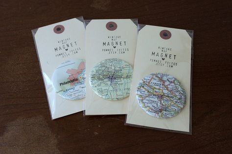 Map Magnets! Gotta try this... Magnet Packaging Ideas, Ref Magnet Display Ideas, Magnet Packaging, Badge Packaging, Map Magnets, Button Packaging, Marble Magnets, Craft Festival, Craft Stalls