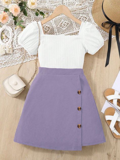 Purple Casual Collar Short Sleeve  Colorblock  Embellished Slight Stretch  Tween Girls Clothing Short Skirt And Top, Puff Sleeve Top And Skirt, Shein Kids, Cute Dress Outfits, Really Cute Outfits, Puff Sleeve Top, Girls Clothing, Button Detail, Look Fashion