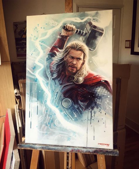 New Thor painting Finished! 😀 Original oil and acrylic on 20"x30" canvas #avengers #marvel #thor #thorart #artist #sketch #studio #canvas… Thor Painting, Avengers Poster Art, Superhero Drawings, Avengers Painting, Drawing Marvel, Marvel Canvas, Thor Art, Marvel Paintings, New Thor