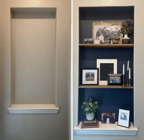 Hallway Nook Decorating Ideas, Art Alcove Wall Niches, How To Style Wall Niche, Recessed Wall Niche Decor, Wall Niche Ideas Entryway, Wall Cut Out Ideas, Art Niche Decorating Ideas, Hallway Niche Ideas, Wall Nook Ideas