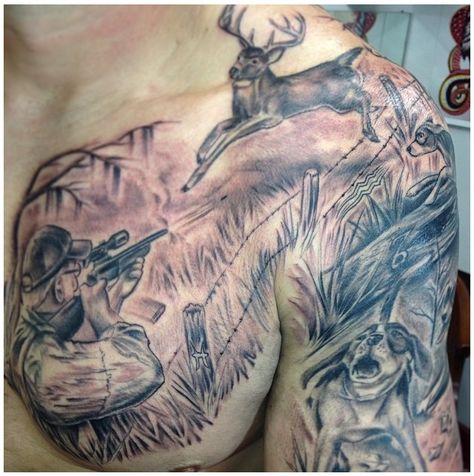 Hunting Deer with Dogs Tattoo. Looks like this hunter had some help from his dogs. Women Deer Hunting, Outdoor Tattoos, Duck Hunting Tattoos, Bow Hunting Tattoos, Deer Hunting Tattoos, Deer Tattoos, Tattoo Zone, Hunting Tattoos, Tree Tattoos