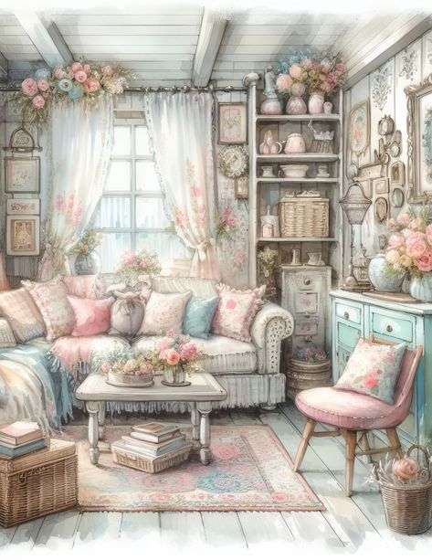 Shabby Chic Living Room Clip Art Bundle 10 High Res Watercolor Jpgs for Junk Journaling, Scrapbook, Crafts, Digital Download - Etsy Frames Design Graphic, Room Images, Chic Living Room Decor, Salon Shabby Chic, Journaling Scrapbook, Living Room Images, Shabby Chic Living, Shabby Chic Living Room, Chic Living Room