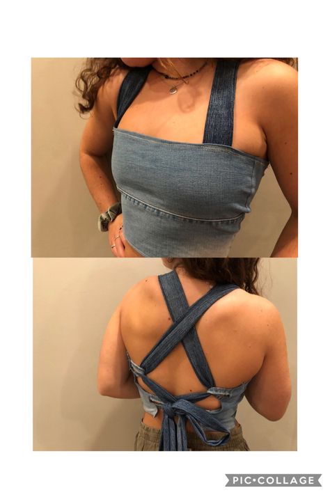 How To Reuse Denim Jeans, How To Make A Denim Top Out Of Jeans, Denim Reuse Ideas, What To Make From Old Jeans, Diy Jean Top Recycled Denim, Tops Made From Jeans, Diy Denim Top From Old Jeans, What To Make With Old Jeans, Diy Jeans Upcycle Top