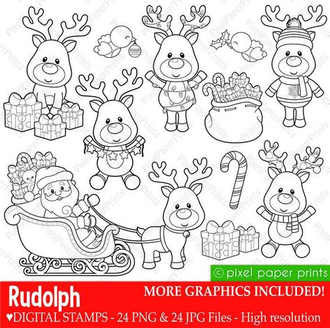 Digital Stamps Christmas, Rudolph Reindeer, Coloring Supplies, Christmas Coloring, Christmas Drawing, Christmas Coloring Pages, Christmas Embroidery, Holiday Art, Christmas Clipart