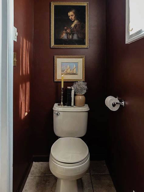 Dark Red Powder Room, Burgundy Laundry Room, Burgundy Powder Room, Red Powder Room, Burgundy Bathroom Ideas, Victorian Powder Room, Tiny Powder Room Ideas, Cottage Powder Room, Maroon Bathroom