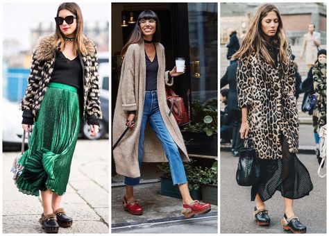 How to Wear Clogs in Style This Fall/Winter Heeled Clogs With Dress, Clogs Dress Outfit, Dansko Clogs Outfit Fall, Dansko Clogs Outfit Winter, Black Clogs Outfit Fall, Clogs And Dresses Outfit, Chunky Clogs Outfit, Clogs Winter Outfit, Winter Clogs Outfit