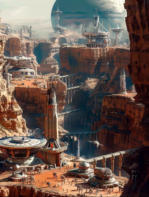 Arena Fantasy Art, Desert City Concept Art, Desert Steampunk, Scifi Desert, Dwarven City, Space Opera Art, Scifi Environment, Scifi Artwork, Sci Fi Landscape