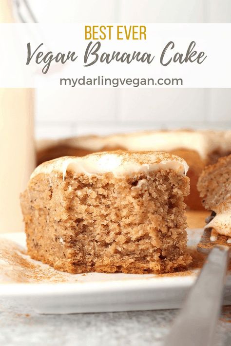 If you've been looking for an upgrade from banana bread to use up those overripe bananas, I have just the solution for you. My Vegan Banana Cake is perfectly moist, lightly sweet, and slathered with a sumptuous and tangy cream cheese frosting that you will absolutely love! Egg Free Banana Cake, Banana Recipes Vegan, Banana Cake Vegan, Vegan Banana Cake, Banana Recipes Overripe, Vegan Breads, Banana Bread Cake, Banana Snacks, Vegan Frosting