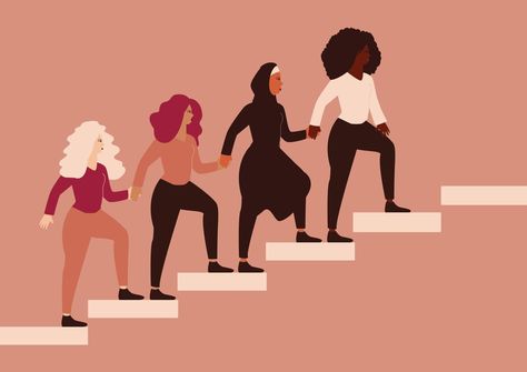 Group of strong women climbing highly on the stairs, hold hands and help each other. Females community with different ethnicity represent friendship, sisterhood. Women empowerment and equality concept Women Climbing, Hold Hands, Strong Women, Women Empowerment, Holding Hands, Climbing, Vector Art, Hold On, Stairs