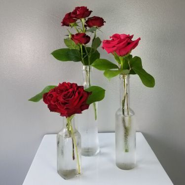 A collection of three assorted bud vases adorned with blooms and greenery to coordinate your wedding pallet. Perfect for the center of a small round table, interspersed around larger florals, next to your cake, or to decorate the bar! Corporate Event Centerpieces, Rose Bud Vase, Bud Vases Wedding, Bud Vase Centerpiece, Red Centerpieces, Pallet Wedding, Red Bud, Event Centerpiece, Plant Delivery