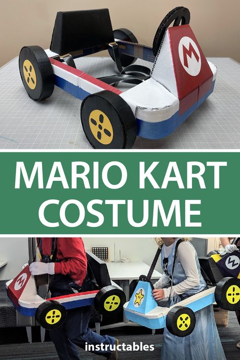 Cardboard Go Kart, Diy Mario Kart Car Halloween Costumes, Diy Cardboard Car Costume, Diy Cardboard Mario Kart, How To Make A Mario Kart Out Of Cardboard, Super Mario Cart Halloween Costumes, How To Make A Mario Kart Car, Mario Cart Out Of Cardboard, Mario Kart Costume Ideas