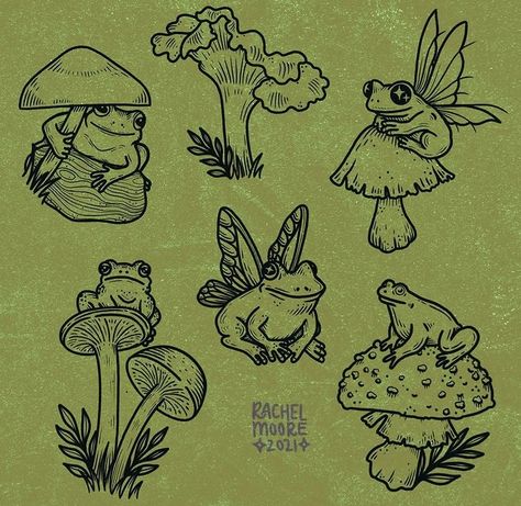 Mushroom Fairy Frog Tattoo, Frog Under Mushroom Drawing, Grunge Frog Drawing, Frog Art Tattoo, Mushroom With Frog Tattoo, Frog On Toadstool Tattoo, Frog With Mushroom Tattoo, Frog And Snail Tattoo, Fairy Grunge Drawing Ideas