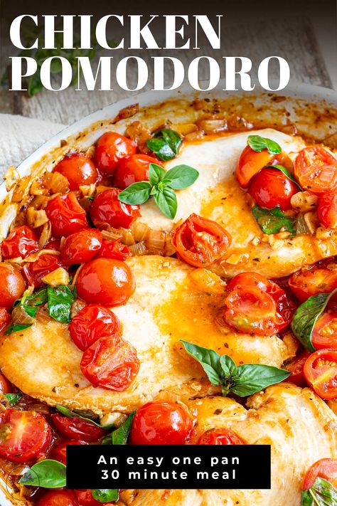 This classic chicken pomodoro is a hearty, flavorful meal for the whole family. Plus, it is all cooked in one pan. The recipe takes less than 30 minutes and is the perfect example of how a few simple ingredients can be transformed into something extraordinary. The juicy chicken cutlets are nestled in a cherry tomato sauce that's both sweet and savory. You'll want to ensure you have some crusty bread to soak up all the delicious sauce. Breaded Lemon Chicken With Burst Cherry Tomatoes, Chicken Rice Tomato Sauce Recipes, Tomatoes And Chicken Recipes, Chicken Breast And Tomato Recipes, Cherry Tomato Chicken Recipes, Chicken Cherry Tomato Recipe, Chicken Pomodoro Recipes, Chicken And Cherry Tomato Recipes, Chicken Tomato Recipe