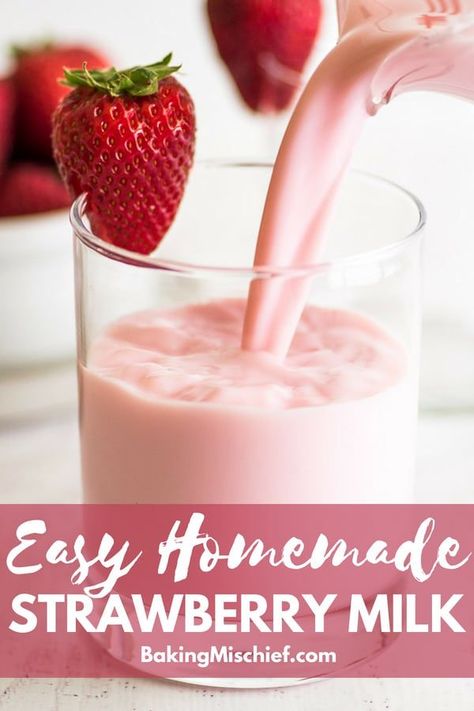 This Homemade Strawberry Milk is a million times better than the powdered stuff but almost as easy to make. Rich and creamy, with the best sweet and barely tart strawberry flavor, you're going to love it. | #strawberries | #drinks | #easyrecipes | Flavored Milk Recipes, Strawberry Milk Recipe, Homemade Strawberry Milk, Tart Strawberry, Strawberry Limeade, Homemade Soda, Strawberry Drinks, Clam Recipes, Strawberry Flavor