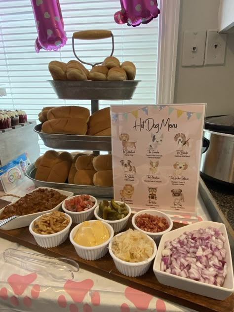 Puppy Party Food Labels, Hotdogs For Birthday Party, Puppy Party Hot Dog Bar, Hot Dog Display For Party, Hot Dog Bar Birthday Party, Fair Food Party Ideas, Birthday Party For Puppy, Dog Themed Hot Dog Bar, Hot Dog Stand Party