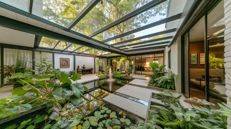 2x zoomout of "enclosed courtyard of a ranch style home, glass roof, midcentury modern, white brick, lush plants, fountain, fireplace --ar 16:9 --v 6.0" Courtyard Roof, Covered Courtyard, Enclosed Courtyard, Hollywood House, Mid Century Modern House Plans, Atrium House, Indoor Courtyard, Atrium Design, Lush Plants