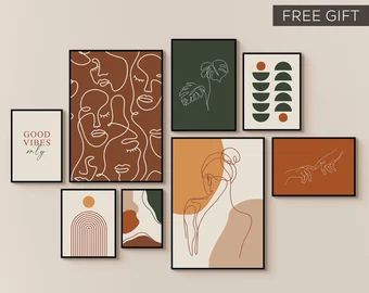 Terracotta wall art | Etsy Burnt Orange And Green Wall Art, 4 Set Paintings Wall Art, Earth Wall Art, Earth Tone Prints, Burnt Orange And Green Bedroom, Green And Burnt Orange Bedroom, Burnt Orange And Green Living Room, Earth Tone Office, Orange And Green Decor