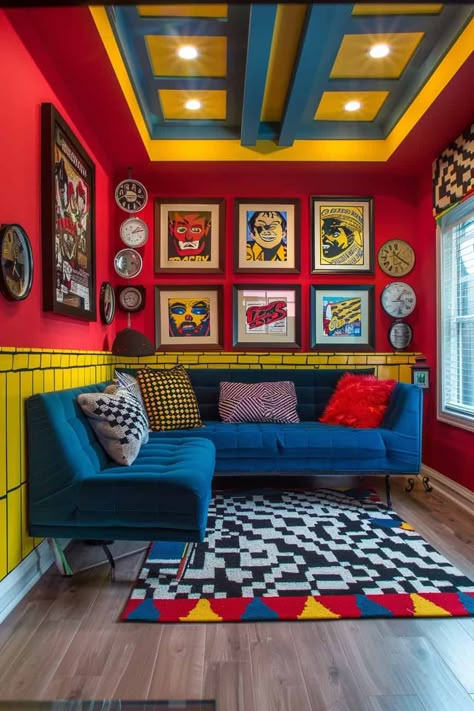 Street Style Room pop art Style Room Ideas, Street Style Room, Funky Living Rooms, Find Aesthetic, Industrial Style Lamps, Nyc Apt, Pop Art Decor, Architect Design House, Chic Spaces