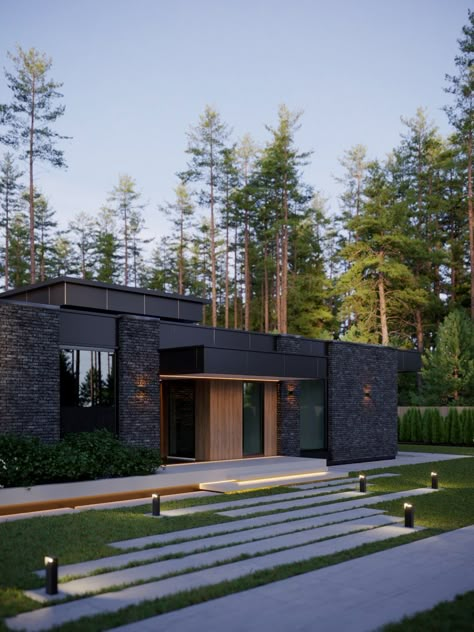 Contemporary House Landscape, Forest Houses Modern, Forest Cabin Exterior, Small Luxury House Exterior, Modern Forest House Exterior, Modern Home In Forest, One Story House Design, Scandinavian Architecture House, The Forest Modern House