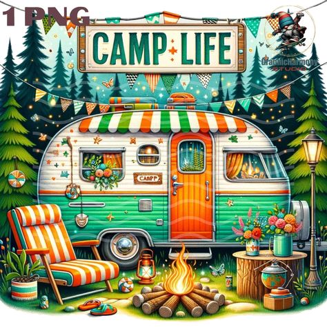 Camper Aesthetic Wallpaper, Camper Illustration, Vintage Camper Art, Camping Graphic, Camp Decor, Camper Art, Camping Clipart, Camping Vintage, Caravan Camping