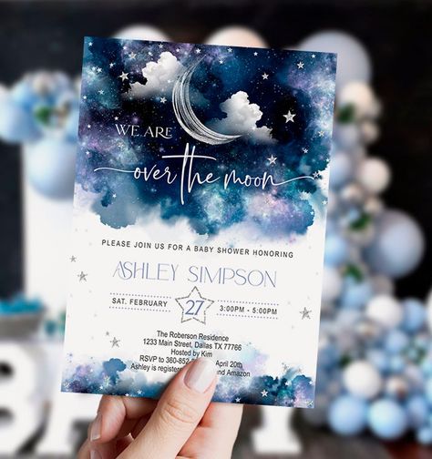 Sky Baby Shower Theme Boy, Space Shower Theme, We’re Over The Moon Baby Shower Ideas, Were Over The Moon Baby Shower Ideas, Galaxy Gender Reveal, Moons And Stars Baby Shower Ideas, To The Moon And Back Bridal Shower Ideas, Baby Shower Celestial Theme, Starry Baby Shower Theme