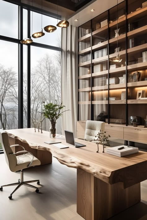 office room  office design interior small room Library Room Ideas Home Modern, Ceo Home Office, Luxury Office Table Design, Lawyer Office Design Modern, Clean Office Aesthetic, Home Office For 2 People, Large Office Space Ideas, Wood Office Design, Open Home Office