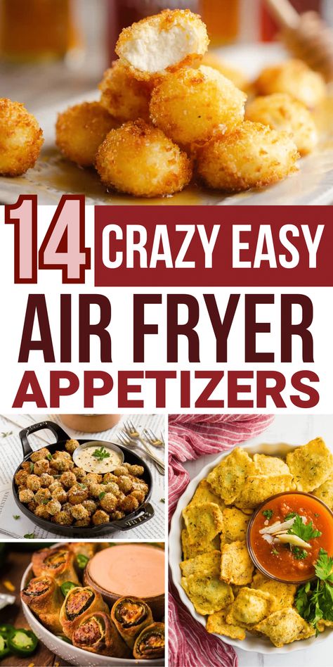 These easy air fryer appetizers will wow everyone at any party, gathering, or holiday event. Includes air fryer appetizer recipes like honey goat cheese balls, jalapeño popper rolls, coconut shrimp, mac and cheese bites, bacon cheeseburger bites, fried olives, air fried pickles, and many other crispy appetizers. Football Appetizers Air Fryer, Air Fryer Holiday Appetizers, Finger Foods Air Fryer, Air Fryer Canapes, Fried Goat Cheese Balls Air Fryer, Easy Appetizers Air Fryer, Air Fryer Pickles Recipes, Air Fryer Appies, Air Fryer Tailgate Food