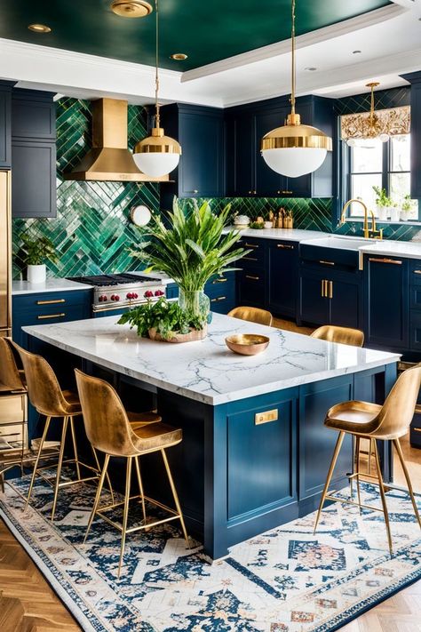 Emerald Green Backsplash, Unique Kitchen Ideas, Navy Blue Cabinets, Green Backsplash, Hang Art, Cabinet Color, Blue Cabinets, How To Hang, Unique Kitchen