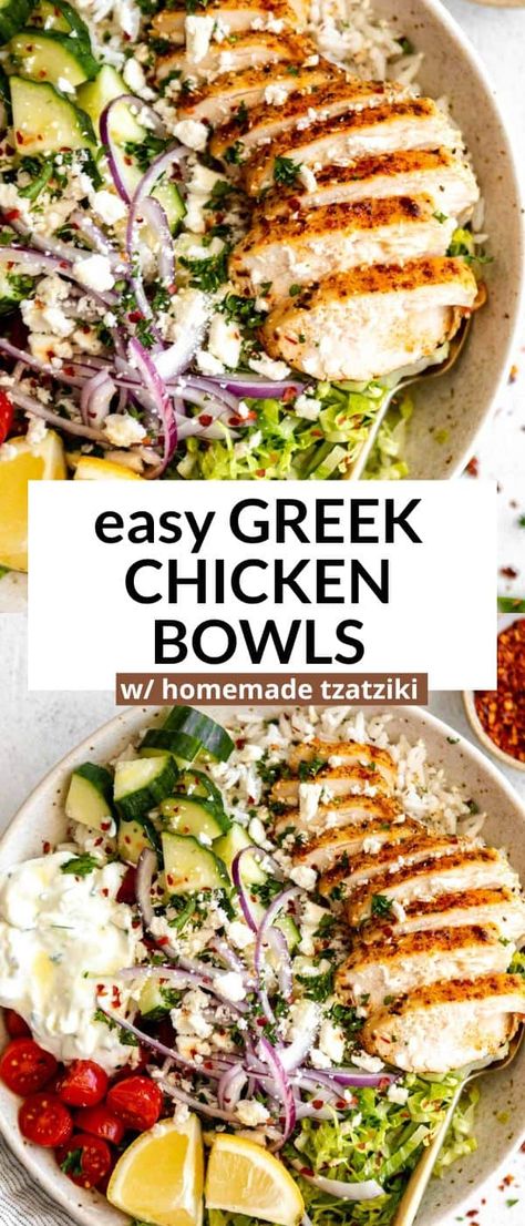 Greek Chicken Bowls Easy Greek Chicken Bowls, Healthy High Protein Breakfast Recipes, Meditrainian Bowl, Power Bowls Meal Prep, Greek Bowls Chicken, Heathly Dinners For Families Easy, Protien Meals Bowls, Chicken Greek Bowls, High Protein Summer Meals