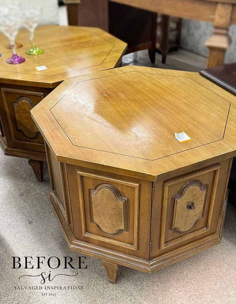 Redo End Tables, Refinished End Tables, Old End Tables, Painted End Tables, End Table Makeover, Side Table Makeover, Oak End Tables, Salvaged Inspirations, Cane Webbing