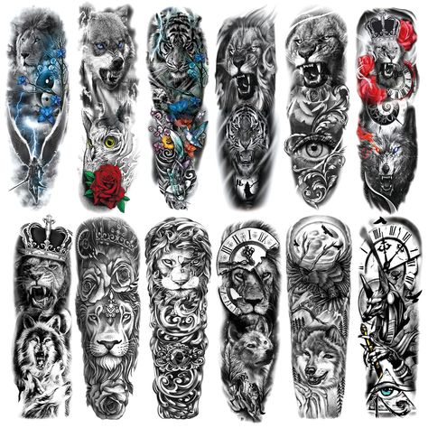 LEOARS 12-Sheet Full Arm Sleeve Temporary Tattoos Full Sleeve Tattoos For Guys, Voll Arm-tattoos, Sleeve Tattoos For Guys, Animal Sleeve Tattoo, Large Temporary Tattoos, Arm Temporary Tattoos, Temporary Tattoo Sleeves, Full Arm Tattoos, Tattoo Sleeves