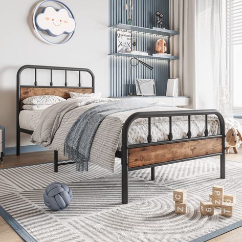 PRICES MAY VARY. *High Quality Bed Frame: This bed frame is made of 100% sturdy metal tube and high quality MDF board. Durable reliable metal construction.Strong mattress support with many steel slats prevents sagging and increases mattress life. *Twin Size Bed Dimension:39.37"(Width)x77.56"(Length)x39.76"(Height),providing optimum support for all of the types of mattresses,no box springneeded.Has kind of a mild industrial look to it without being overly trendy. Very suitable for your bedroom. * Simple Boys Bed, Boy Room Two Full Beds, Boys Shared Room Full Size Beds, Little Boys Room With Full Size Bed, 2 Twin Beds In Boys Room, Rustic Bed For Boys, Black Rod Iron Bed Boys, Black And White Farmhouse Bed, Customize Metal Bed Frame