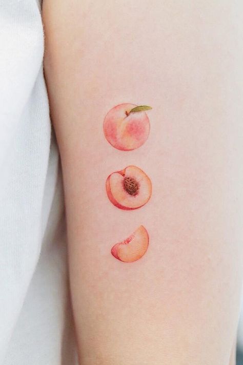 Peach And Flower Tattoo, Peach Fruit Tattoo, Realistic Fruit Tattoo, Peaches And Cream Tattoo, Minimalist Peach Tattoo, Realistic Peach Tattoo, Dainty Peach Tattoo, Peach Slice Tattoo, Small Mango Tattoo